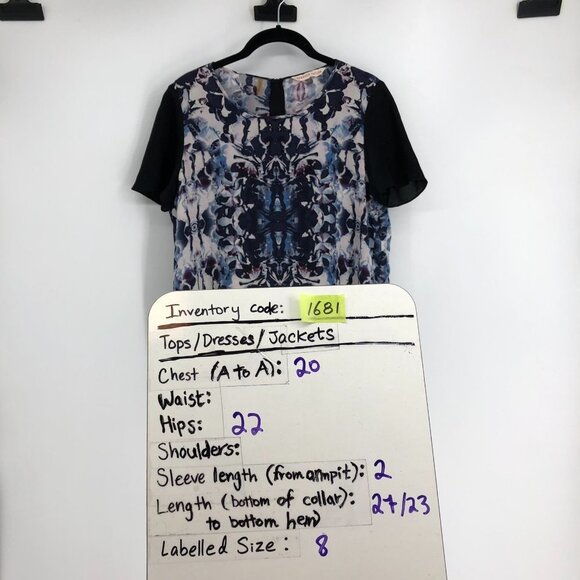 Rebecca Taylor  Blue black Abstract Printed Short Sleeve Silk Blouse Size 8 - Picture 13 of 16